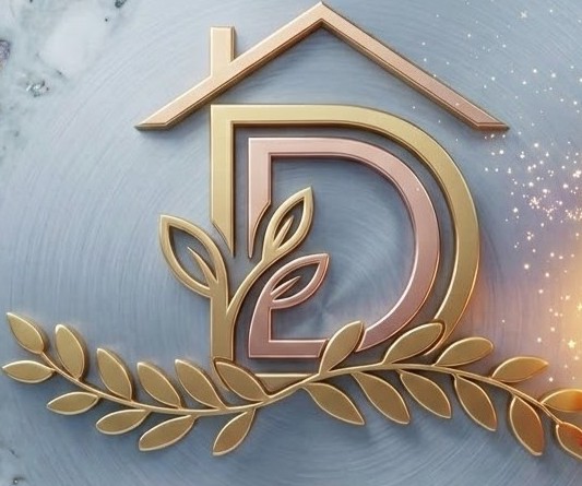 “Decoraee premium home decor logo with a stylish house outline, elegant golden leaves, and modern luxury design on a soft textured background.”